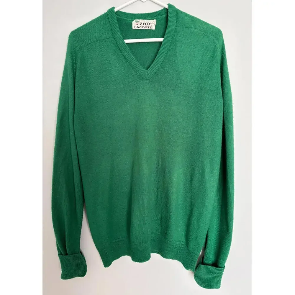 Vintage Izod Lacoste Mens Kelly Green Knit V Neck Sweater Size Large
